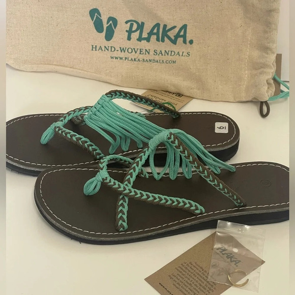 Plaka Flip Flops Thong Sandals Teal Brown size 6 / free toe ring - Picture 3 of 16